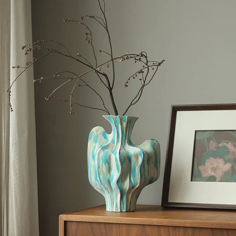 Afralia™ Geometric Ceramic Vase with Abstract Irregular Folds | Home Decor Handicrafts