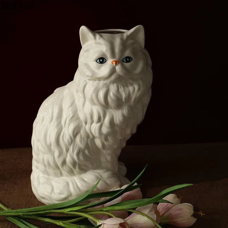 Afralia™ Ceramic White Cat Vase for Desk Decor and Artificial Flowers Arrangement