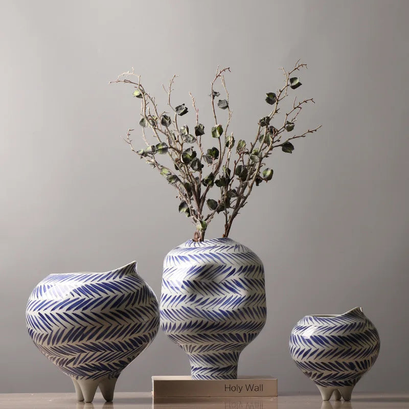 Afralia™ Hand-Painted Striped Ceramic Vase: Home Decor Flower Pot Craft Pottery.