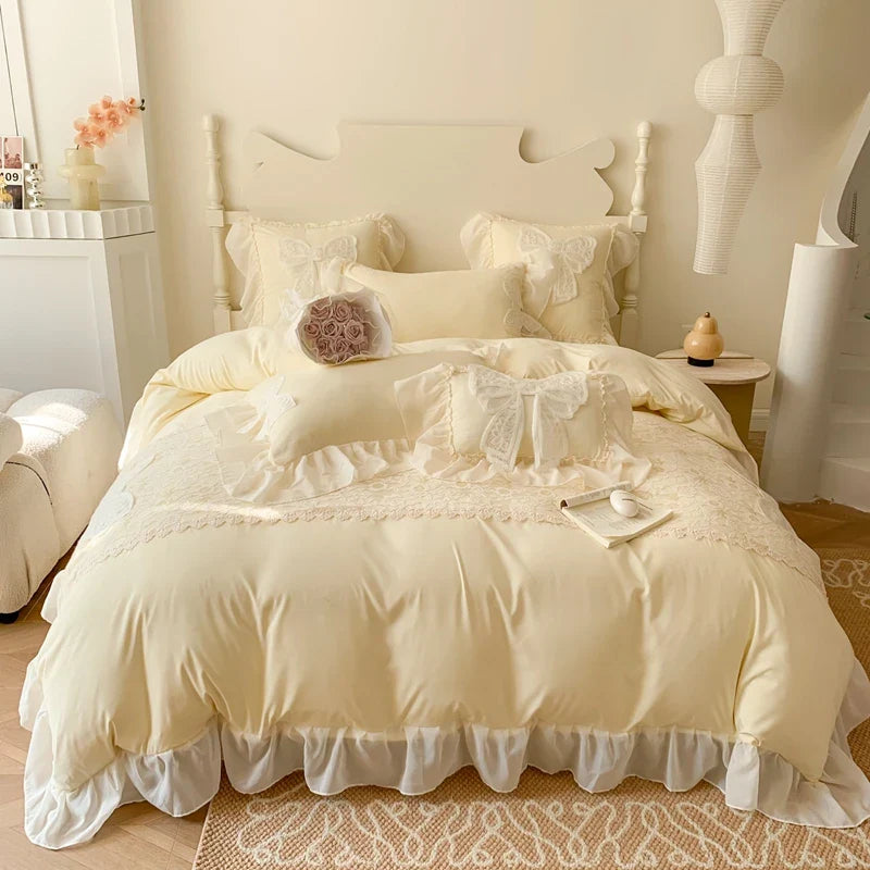 Afralia™ Romantic Lace Ruffles Bedding Set with Bow Decoration - Pink Girls Duvet Cover Set