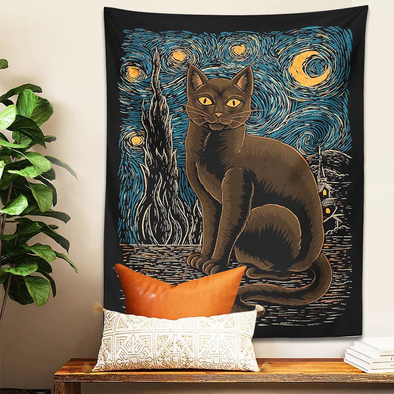 Afralia™ Starry Night Cat Tapestry: Van Gogh Inspired Mysterious Wall Decor