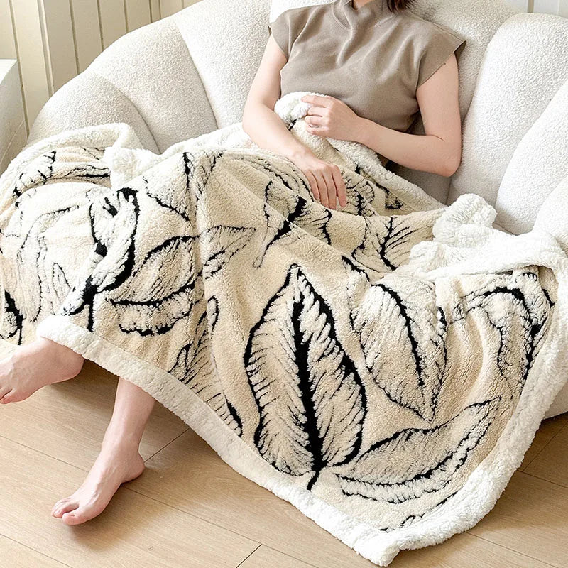 Afralia™ Leaf Jacquard Double-Layer Flannel Blanket for Sofa and Bed