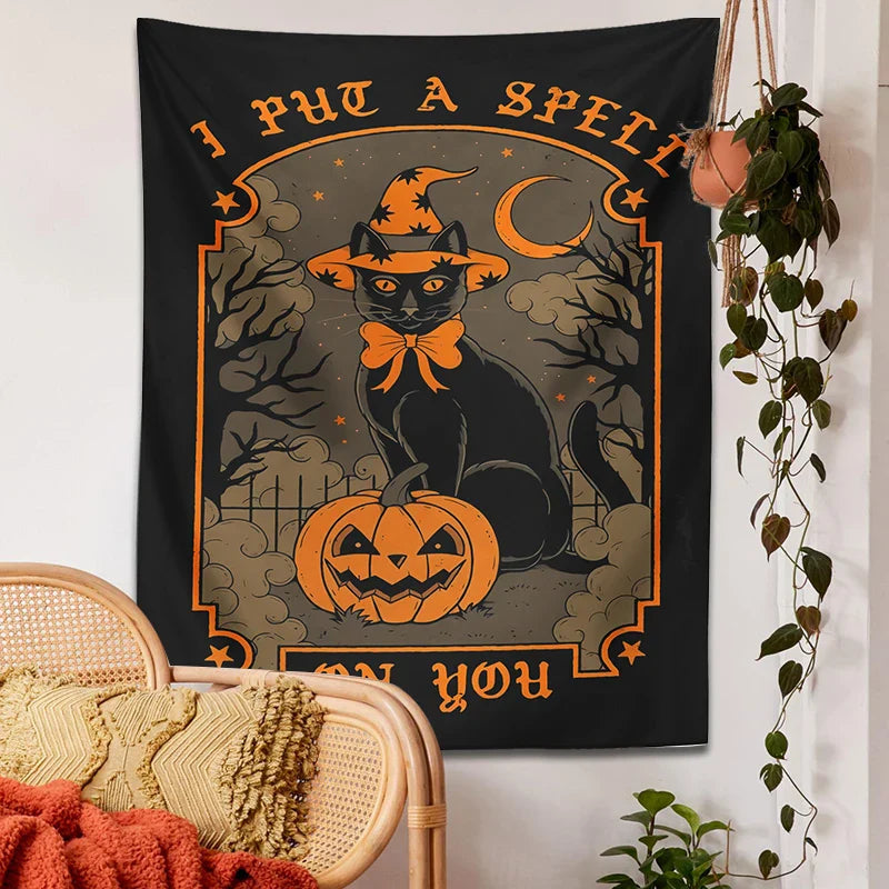 Afralia™ Halloween Cat Tapestry Wall Hanging for Sweet & Spooky Home Decor