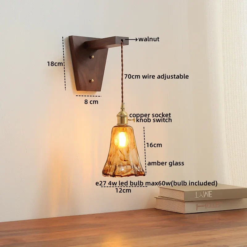 Afralia™ Walnut Copper LED Wall Lamp Sconce with Pull Chain Switch, Nordic Stair Light Fixtures