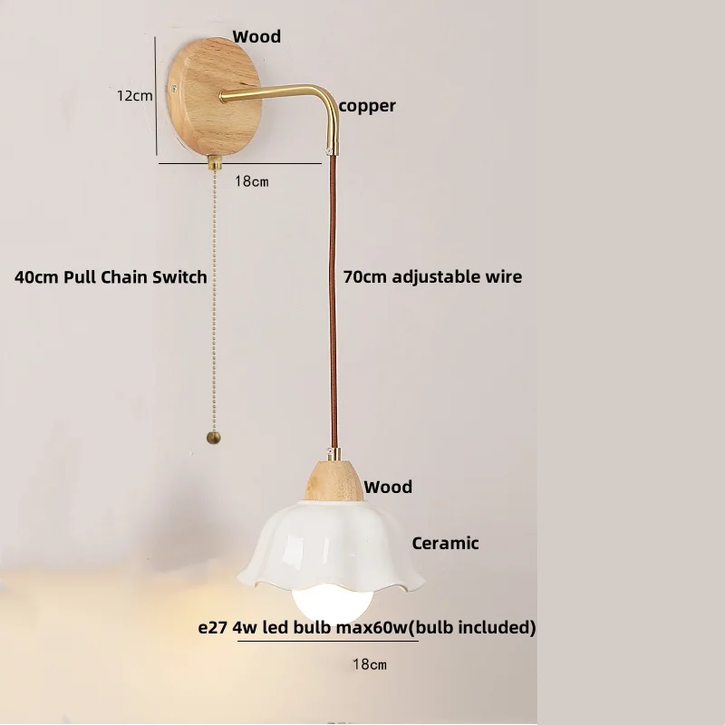 Afralia™ Wood Glass LED Wall Light with Pull Chain Switch