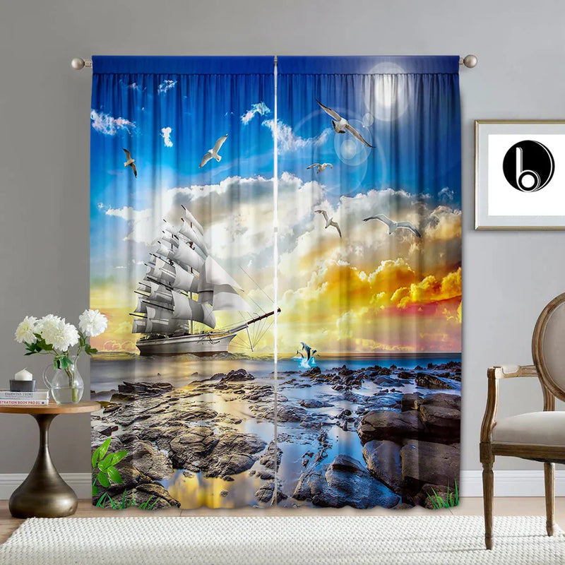 Afralia™ Ocean Sail & Lighthouse Screen Curtain Set for Kitchen & Coffee Shop