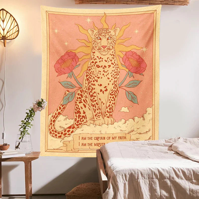 Bohemian Sun Tapestry Wall Hanging by Afralia™ - Tiger Floral Tarot Moon Aesthetic