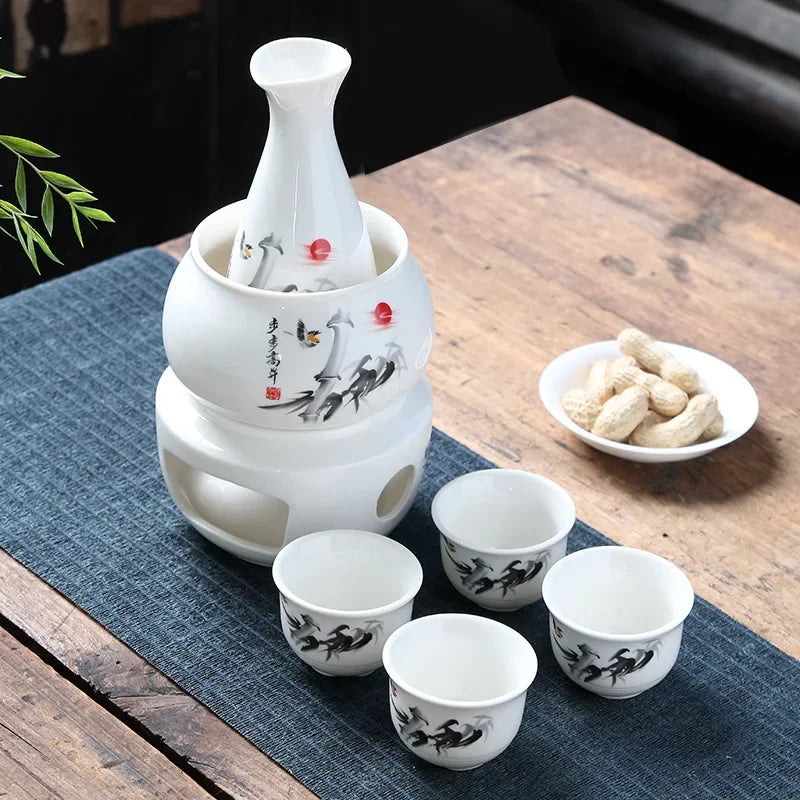Afralia™ Sake Set: 7-Piece Ceramic Wine Kit with Carafe, Cups, Warmer, and Candle Warmer
