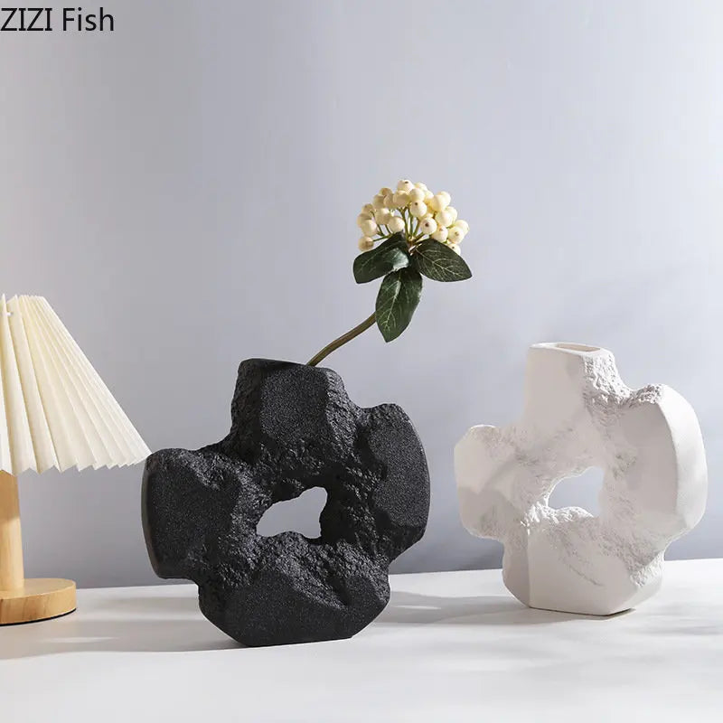 Afralia™ Ceramic Stone Vase with Floral Accessories, Black and White Home Decoration