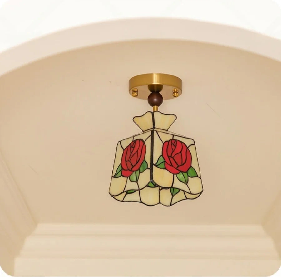 Afralia™ Tiffany Rose Flower LED Ceiling Light Fixture with Wood Ball and Glass Plafond Lamp