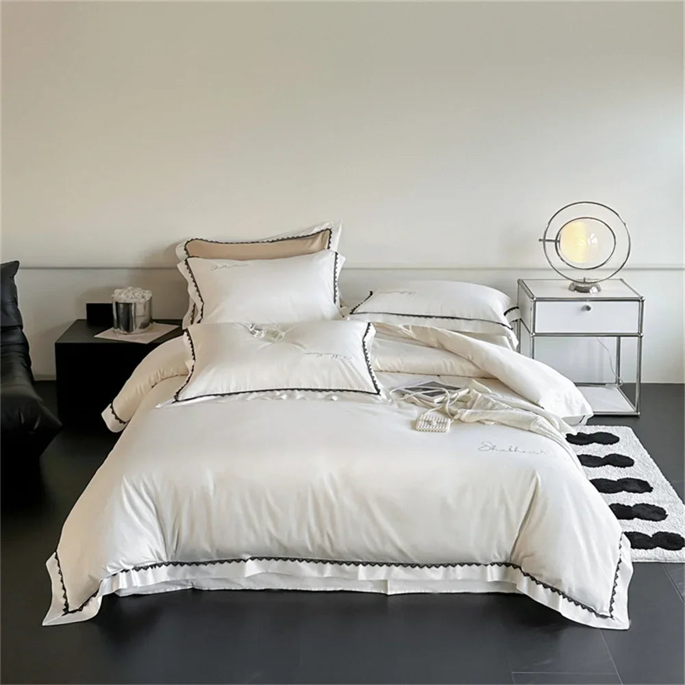 Afralia™ Hot Diamond Lace Egyptian Cotton Bedding Set: Sheet, Pillowcase, Duvet Cover, Full-Queen-King Size