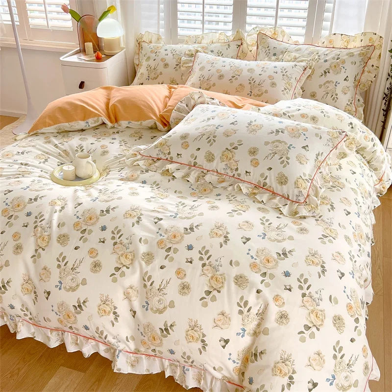 Afralia™ Princess Ruffles 100% Cotton Quilt Cover Set - Floral Soft Duvet Cover