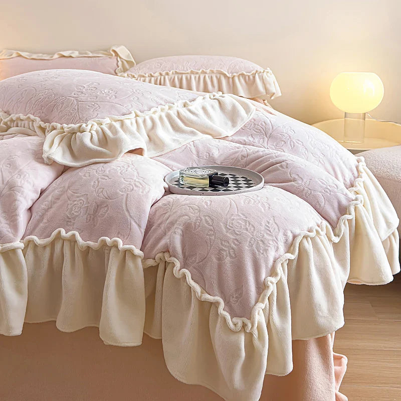 Afralia™ Princess Velvet Fleece Ruffles Winter Bedding Set - Plush Coral Velvet Duvet Cover & Sheet