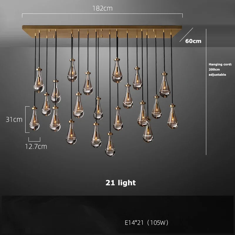 Afralia™ Brass Teardrop Pendant Chandelier with Black/Gold Glass - LED Living Room Staircase Light
