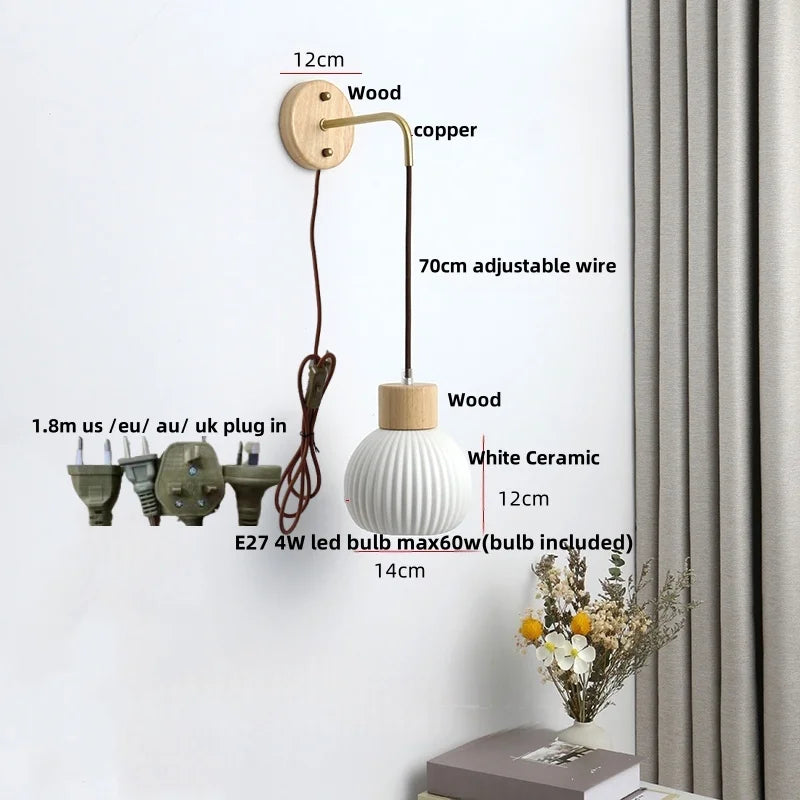 Afralia™ Nordic LED Wall Sconce Pull Chain Switch Ceramic Wood Mirror Light