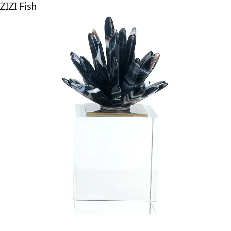Afralia™ Black Agate Flower Crystal Art Desk Decoration on Crystal Base
