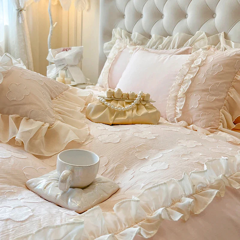 Afralia™ Princess Flowers Lace Ruffles Bedding Set: 100% Cotton Duvet Cover, Fitted Sheet, Bed Sheet, Pillowcases