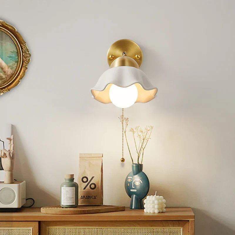 Afralia™ Copper LED Wall Light Fixture Pull Chain Switch Simple Art Bedside Lamp