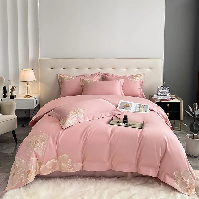 Afralia™ White Egyptian Cotton Flowers Embroidery Bedding Set | 600TC Duvet Cover, Sheet, Pillowcase