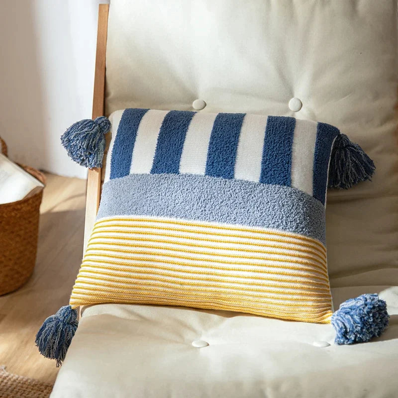 Afralia™ Knit Stripe Pillow Cover Blue Pink Tassles 45x45cm Soft Living Room Bedroom