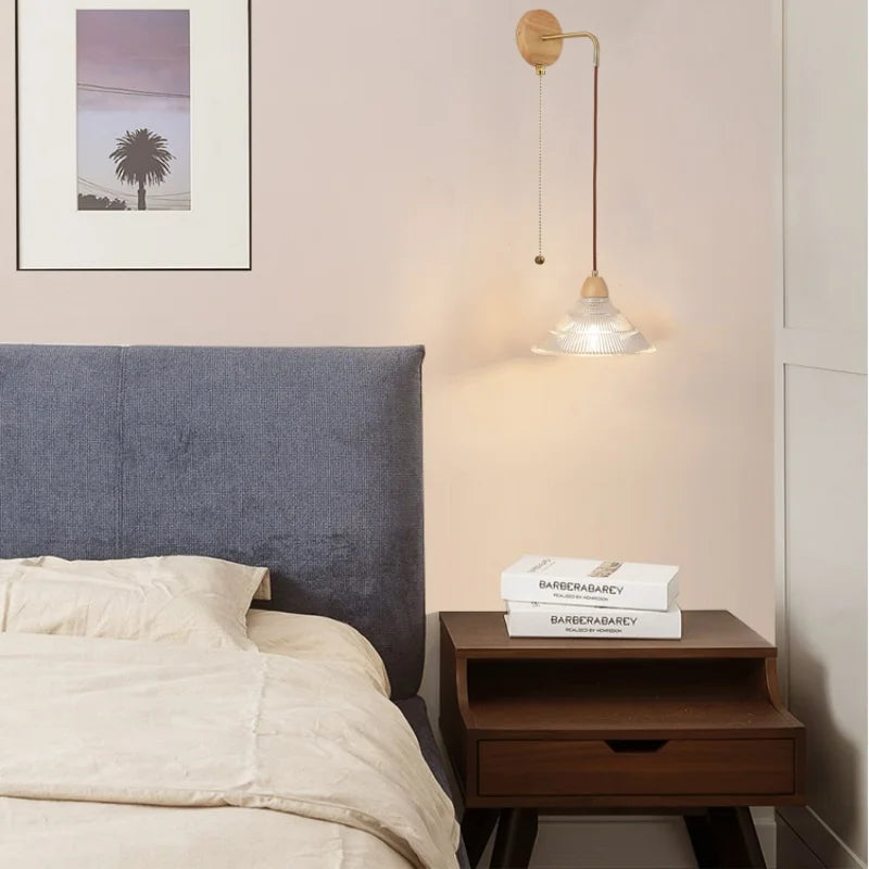 Afralia™ Clear Glass LED Wall Lights with Wood Pull Chain Switch - Modern Copper Stair Light