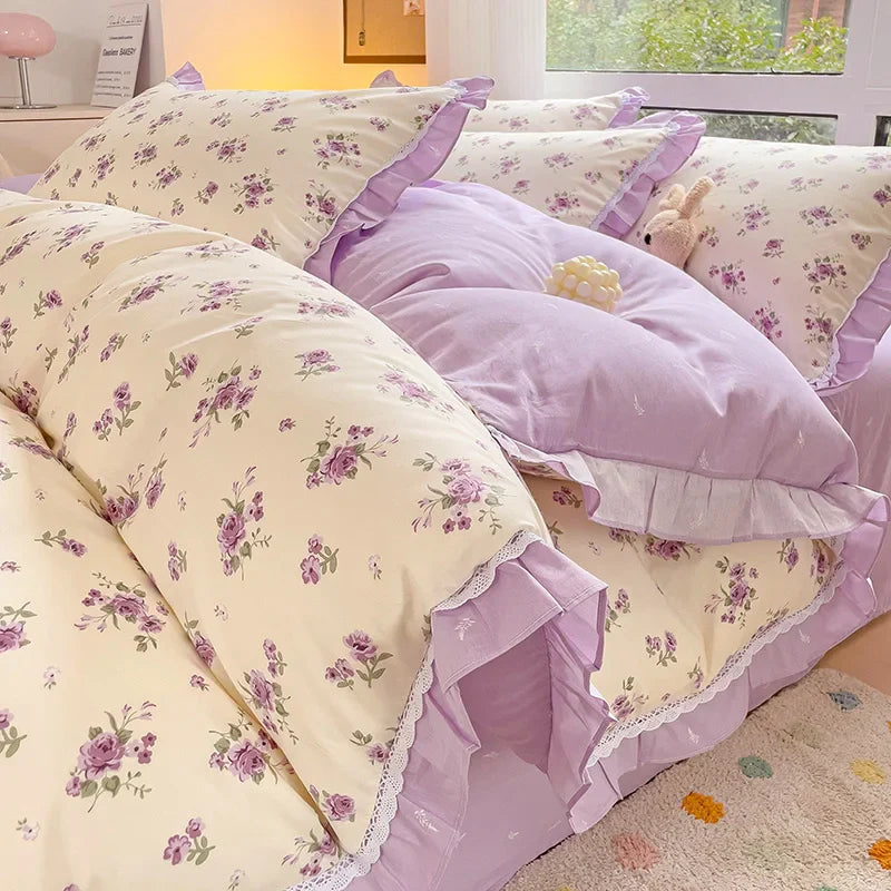 Afralia™ Floral Ruffles Bedding Set with Duvet Cover, Sheets, and Pillowcases