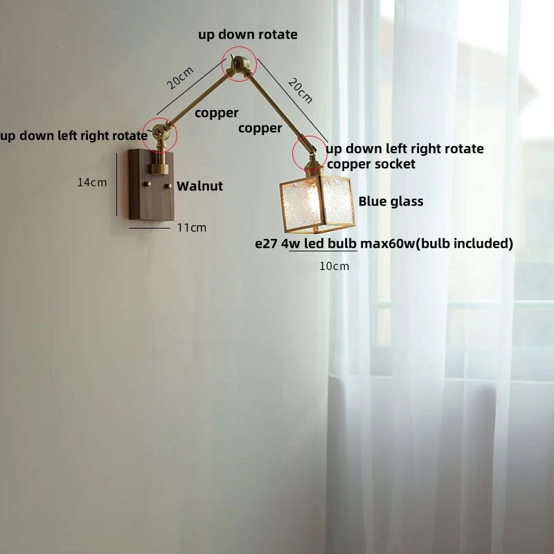 Afralia™ Ash Wood LED Swing Arm Wall Light with Pull Chain Switch & Blue Glass