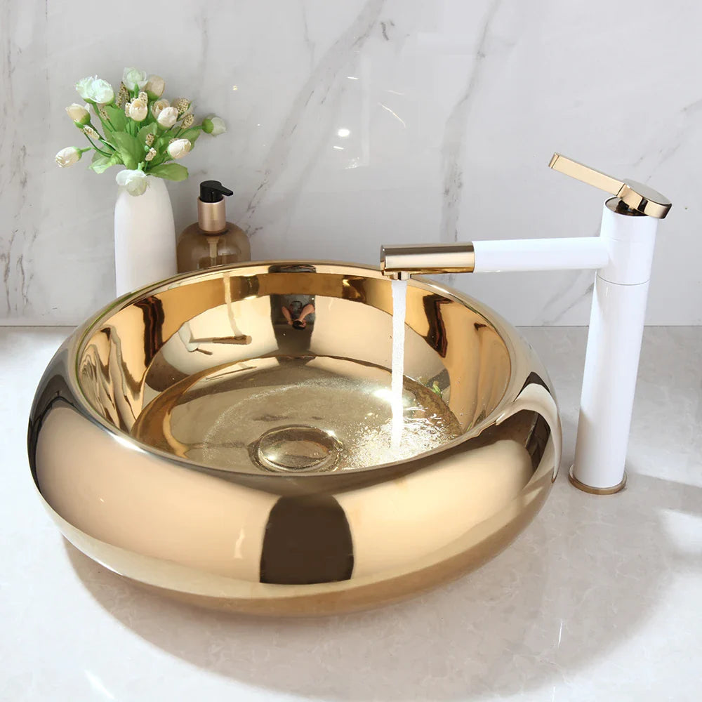 Afralia™ Golden Plated Round Ceramic Luxury Bath Mixer Set with Brass Faucet & Pop Drain