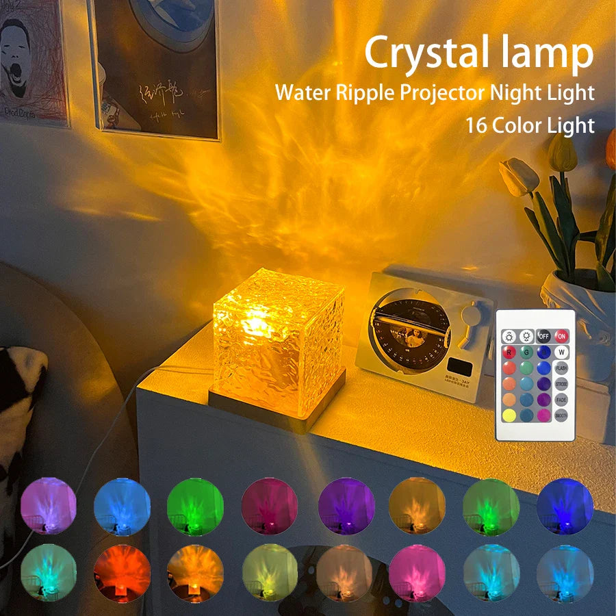 Afralia™ Rotating Water Ripple Projector Night Light 16 Colors Crystal Lamp