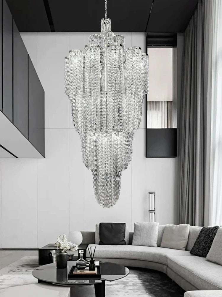 Afralia™ Waterfall Crystal Pendant Light in Silver/Gold - Elegant High Ceiling Villa Duplex Lamp