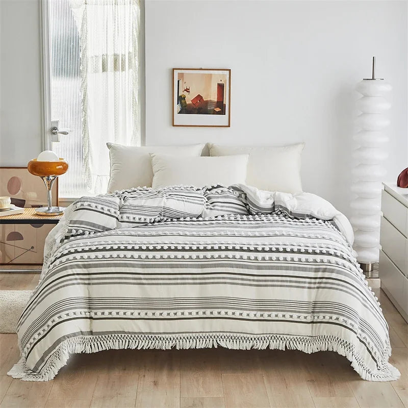 Afralia™ Boho Stripe Furball Duvet Set: High-Quality King Size Bedding with Tassels