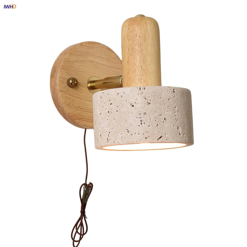 Afralia™ Yellow Travertine Stone Natural Wood LED Wall Light Bedside Lamp