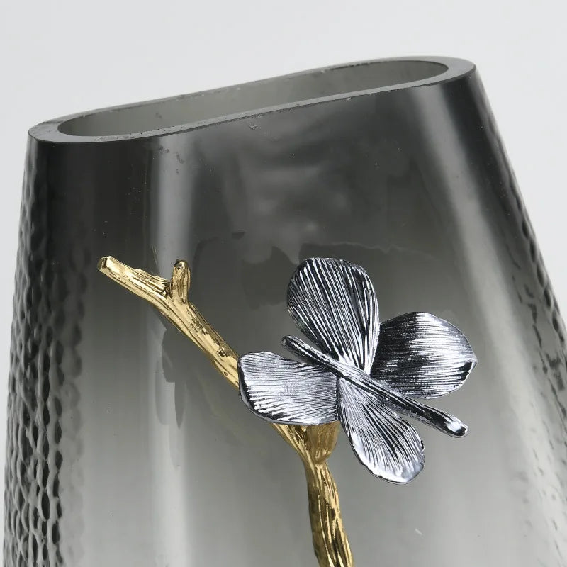 Afralia™ Smoke Gray Glass Flower Vase Living Room Sample Soft Decoration Ornament