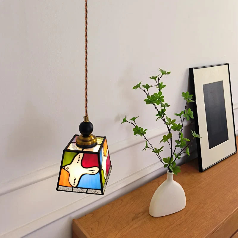 Afralia™ Peace Dove Glass Pendant Light Fixture Wood Copper Tiffany Style LED Hanging Lamp