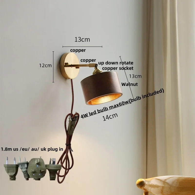 Afralia™ LED Walnut Wood Wall Sconce with Pull Chain Switch