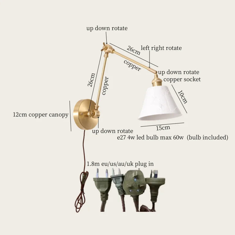 Afralia™ Ceramic LED Wall Lamp, Pull Chain Switch, Nordic Copper, Small Size