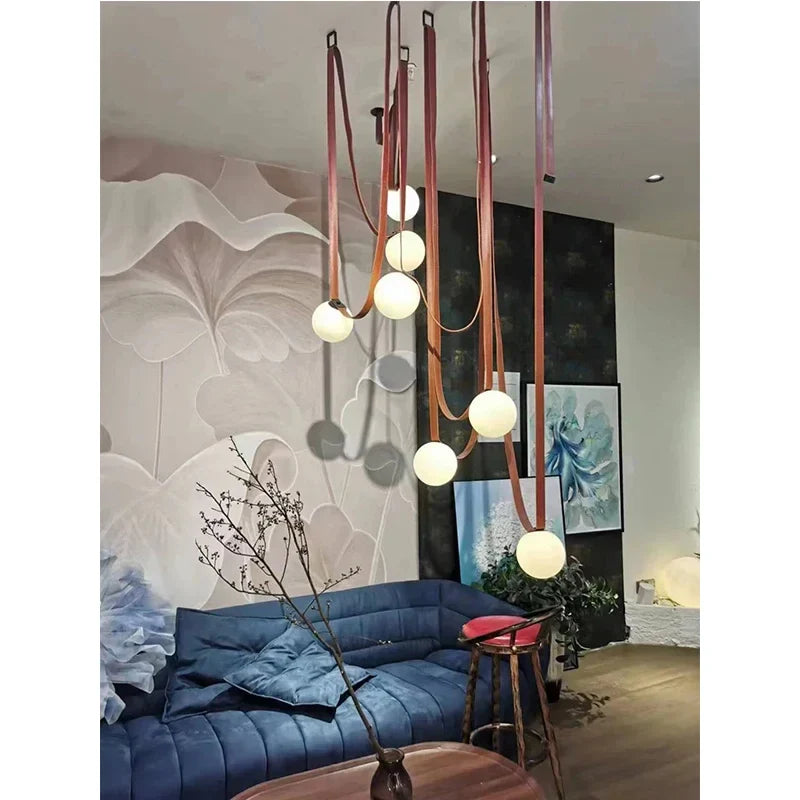 Afralia™ Modern Leather Staircase Villa Chandelier Glass Ball Dining Room Lighting