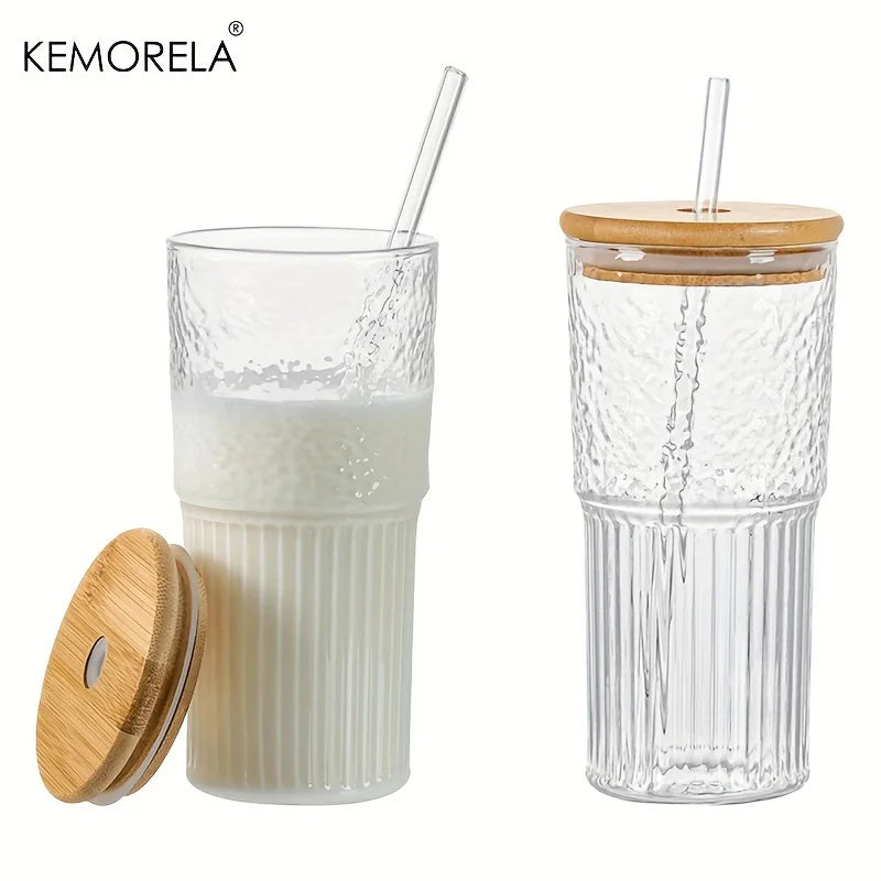 Afralia™ 500ml Ribbed Glass Cup with Lid and Straw | Stylish Drinking Glass for Any Occasion