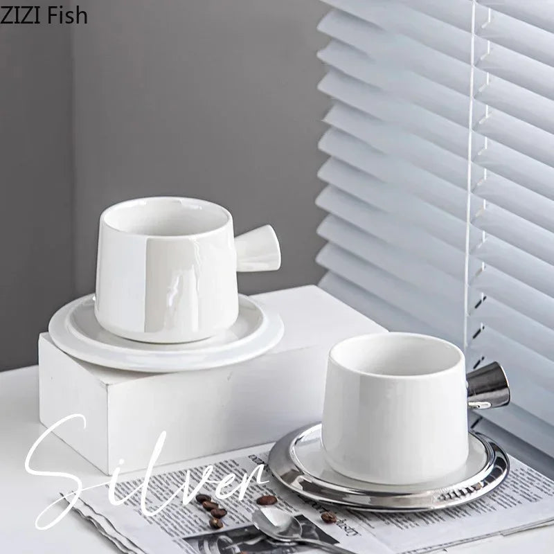 Afralia™ Silver Ceramic Mug Cup & Saucer Set for Dining Table and Coffee - minimalist design