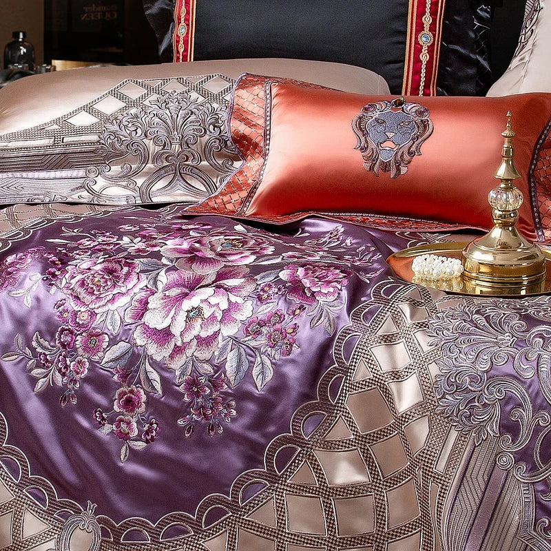 Afralia™ Palace Style Purple Flowers Bedding Set Embroidered Brocade Duvet Cover Sheets Pillows