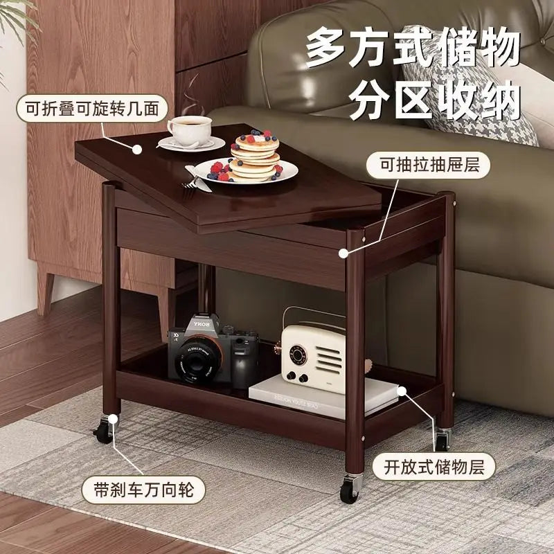 Afralia™ Ash Wood Cart Coffee Table with Folding Desktop Storage