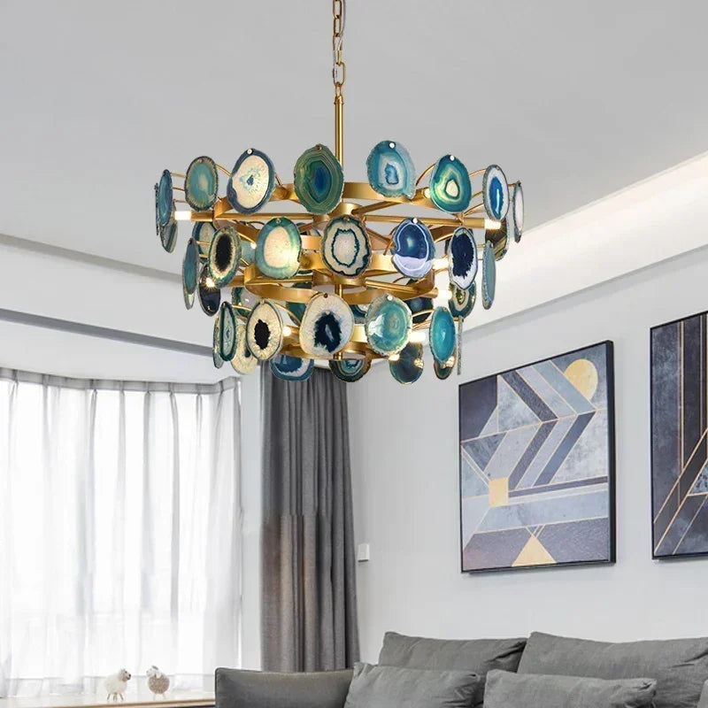 Afralia™ Natural Agate Chandelier Green Blue Lighting for Foyer Living Dining Room