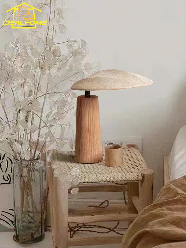 Afralia Wabi-sabi Vintage Wooden Desk Lamp LED E27 Fabric Art Table Light