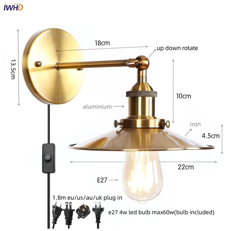 Afralia™ Loft LED Wall Lamp with Gold Pull Chain Switch for Vintage Industrial Style