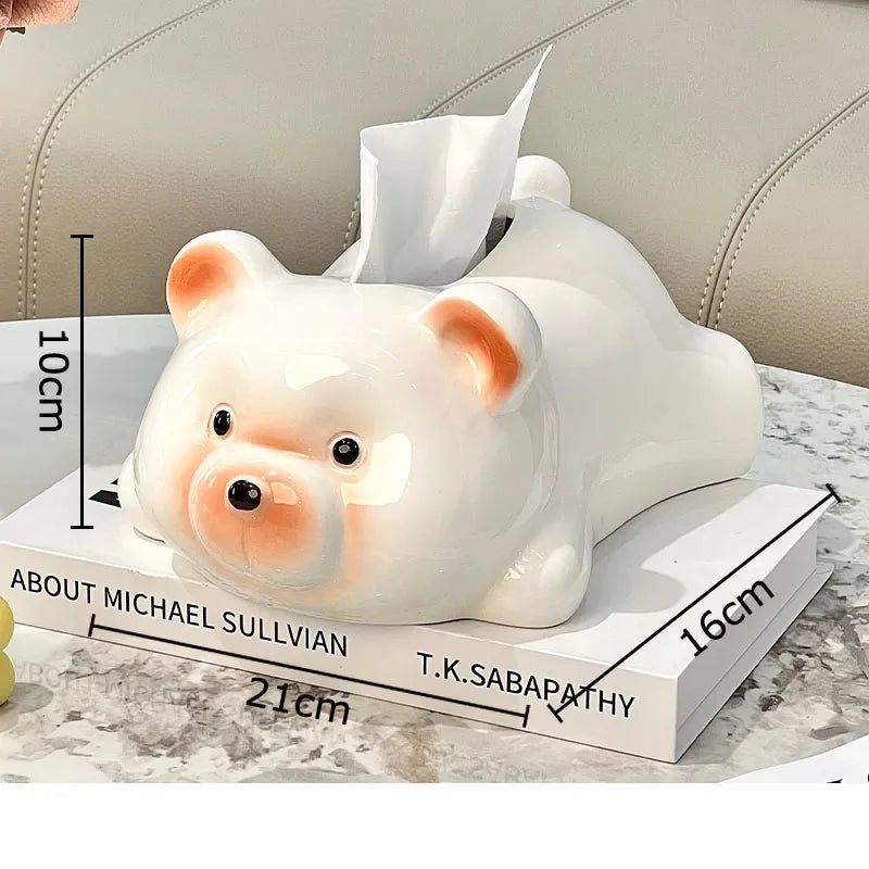 Afralia™ White Bear Ceramic Tissue Box: Cute Cartoon Bear Design for Coffee Table & Desk