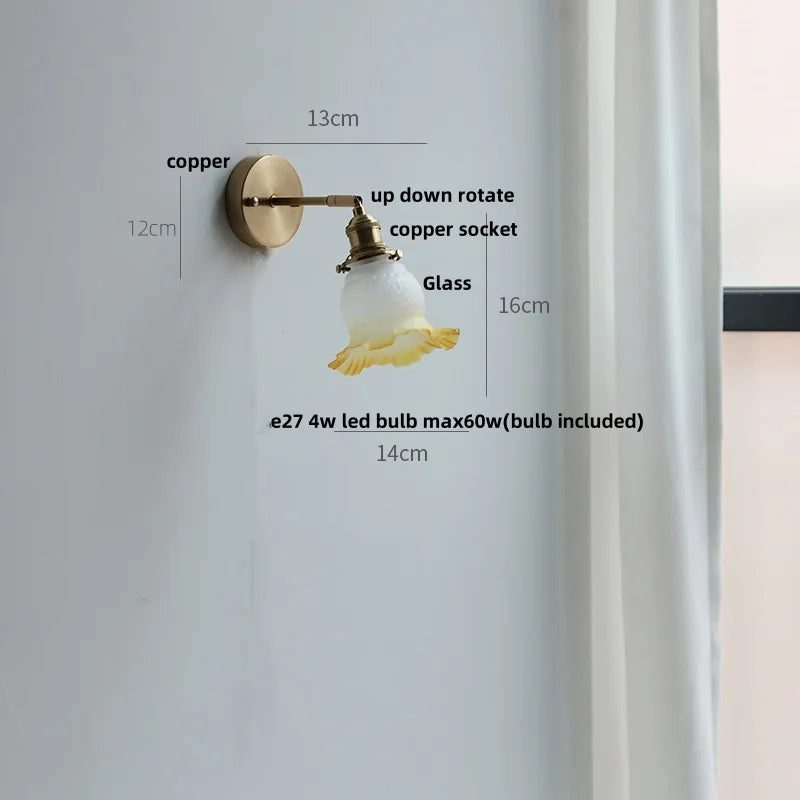 Afralia™ Flower Glass LED Wall Light Fixture Up Down Rotate Copper Bedside Lamp