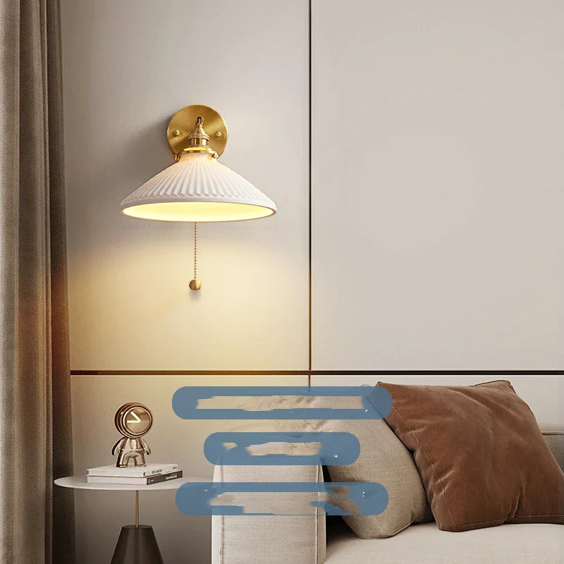 Afralia™ Copper Nordic Ceramic LED Wall Sconce Pull Chain Switch E14 Socket Home Lighting
