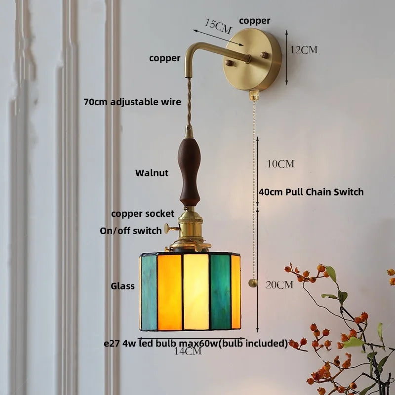 Afralia™ Vintage LED Wall Lights Walnut Wood Pull Chain Switch Mirror Light