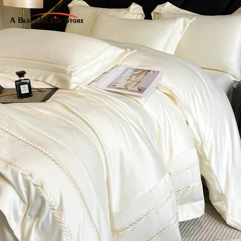 Afralia™ Embroidered Ice Silk Bedding Set: Soft Duvet Cover, Sheet, Pillowcases 4Pcs