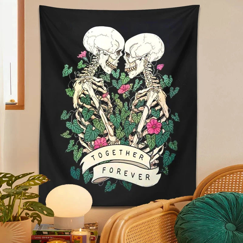 Afralia™ Lover Skeleton Tapestry Wall Hanging With Rose Flower Psychedelic Boho Blanket